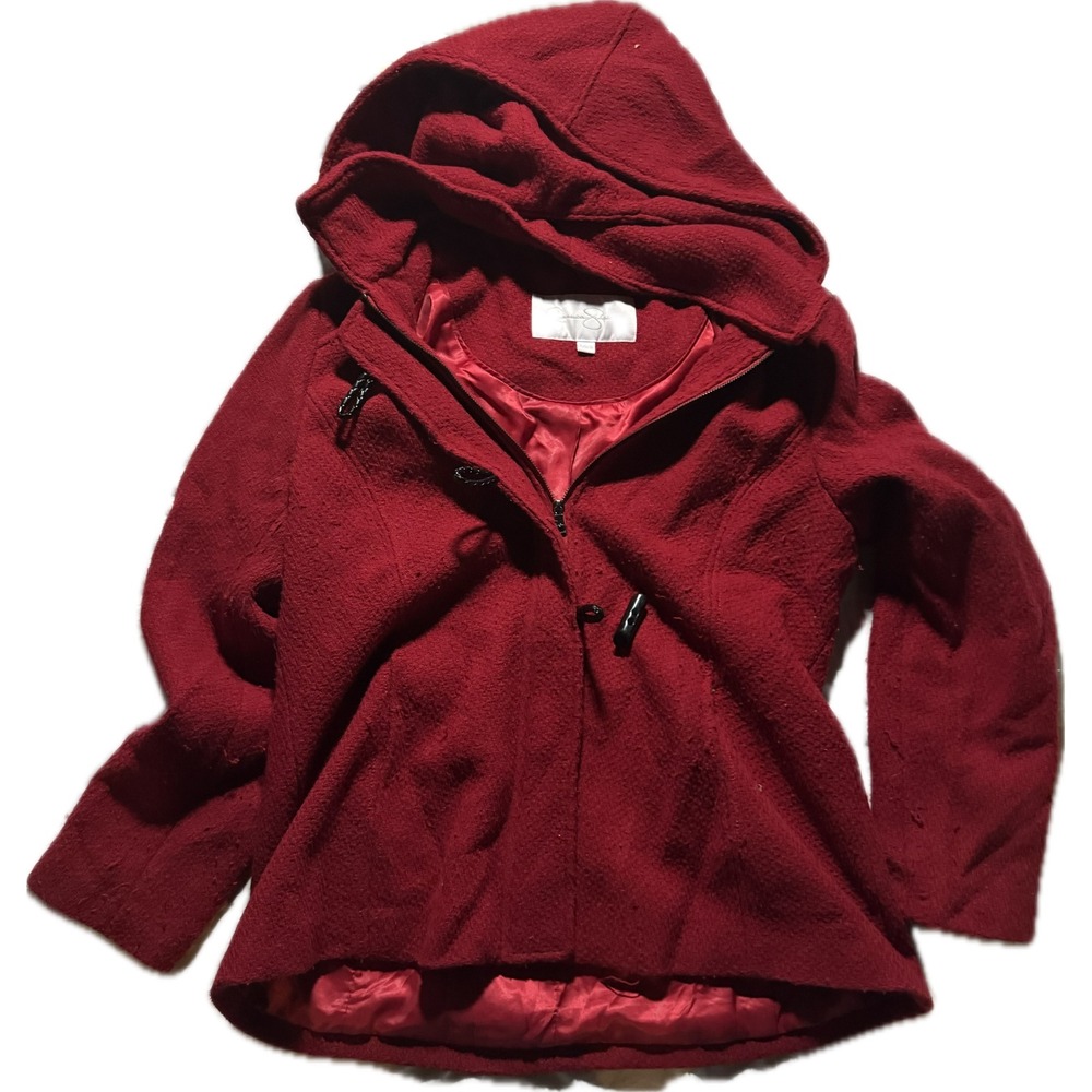 Jessica‎ Simpson Red Hooded Toggle Coat Jacket Textured Zip Up Womens XL